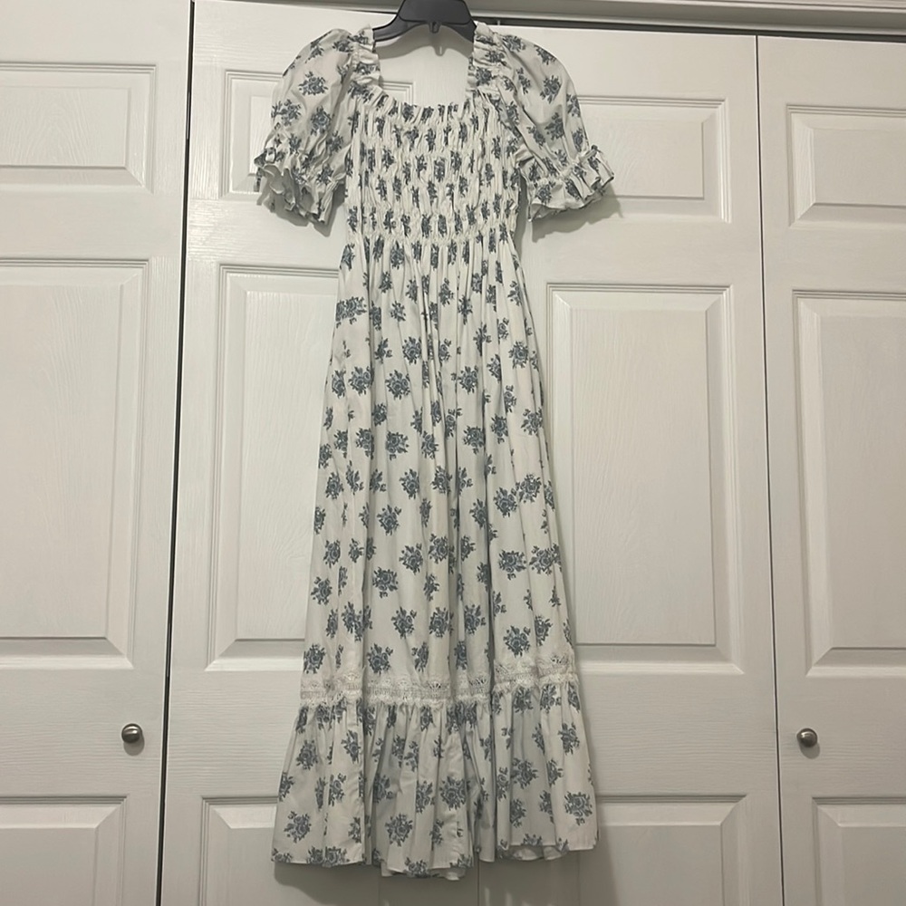 Antonio Melani smocked puff sleeve maxi dress with pockets